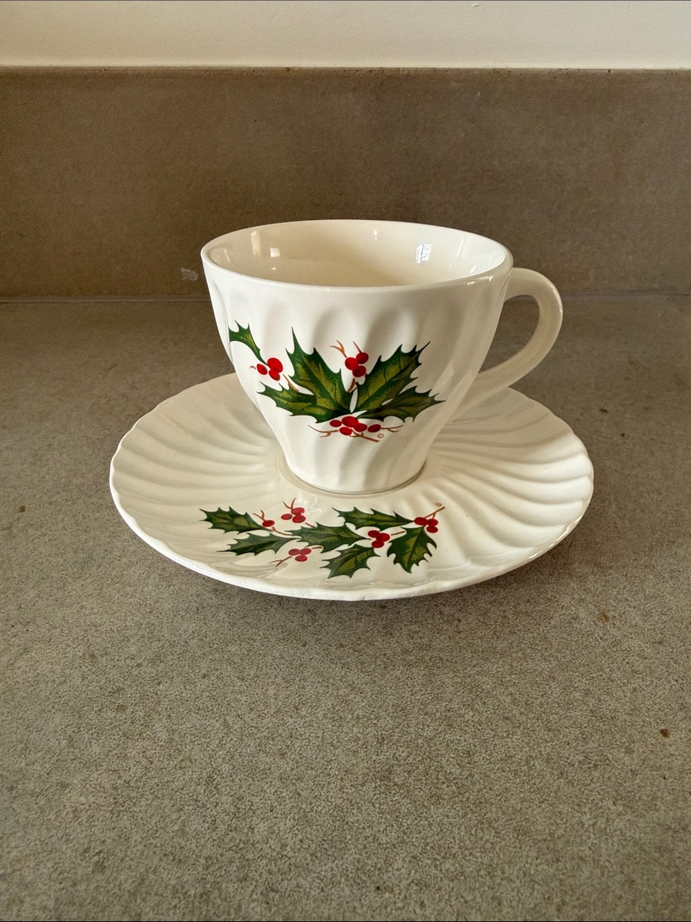 Festive Holly Teacup and Saucer Set - White with Green and Red Holly